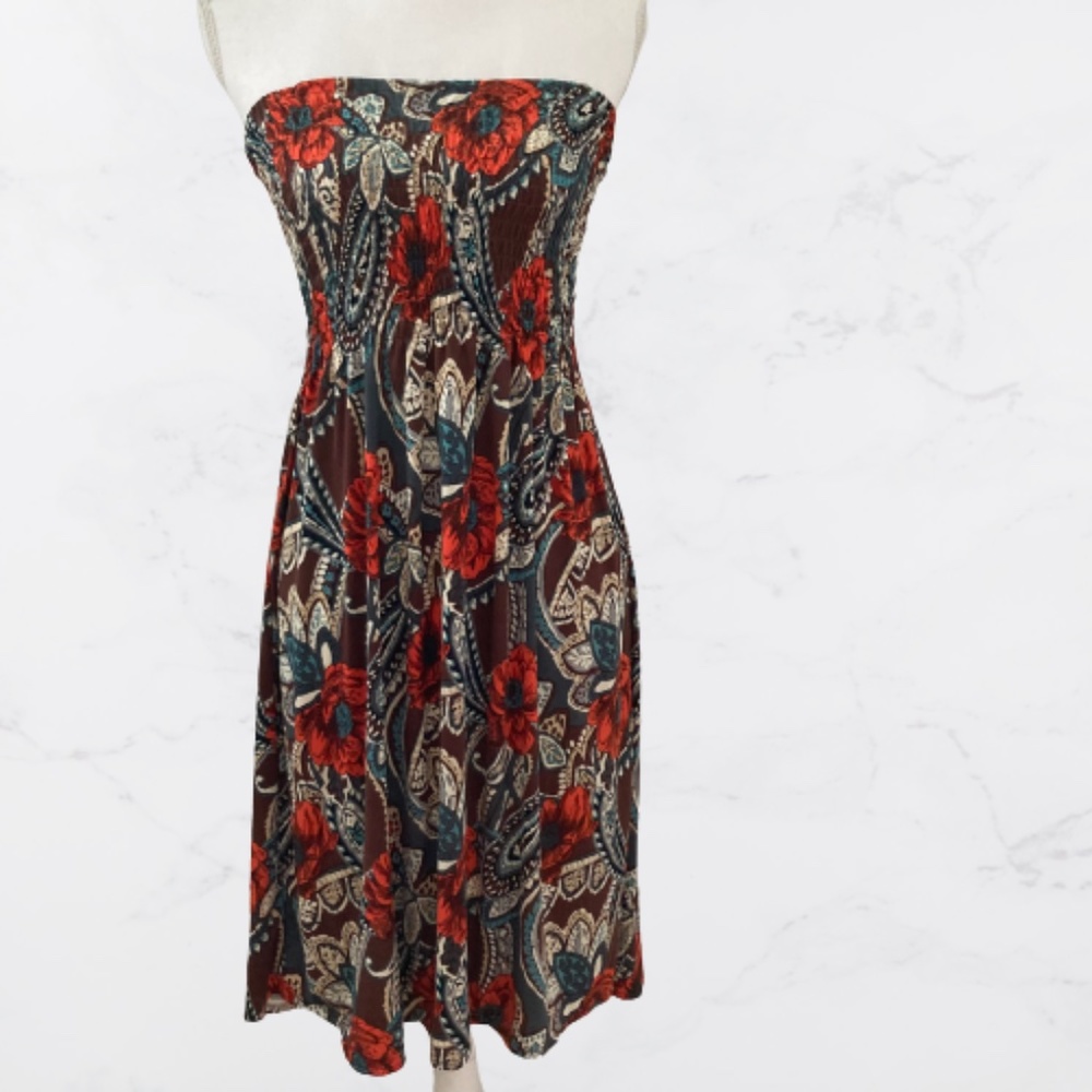Floral Boho Smock Strapless Tube Dress Y2K 90s Minimalistic Style M